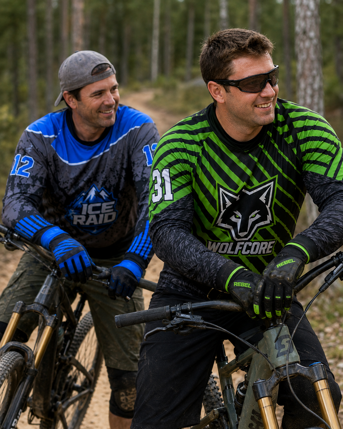 Downhillbiker mit blau-grünem Custom MTB Jersey