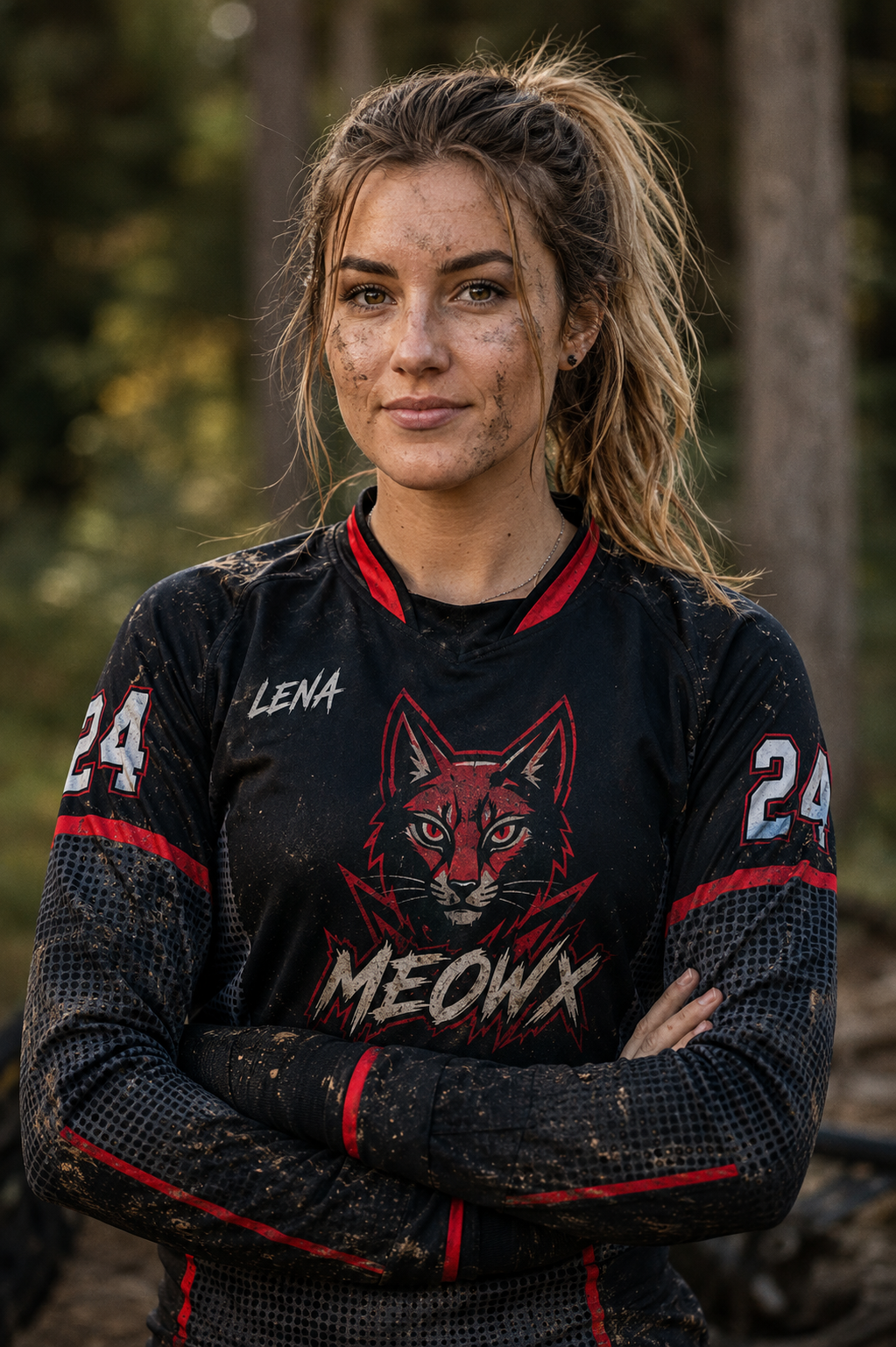 Frau im rot-schwarzen Meowx MTB Jersey mit Schlamm